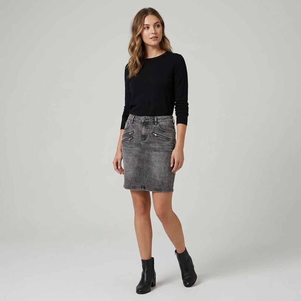 A.N.A. Grey Denim Skirt Moto Zip Pocket Mini Acid Wash Size 32/14